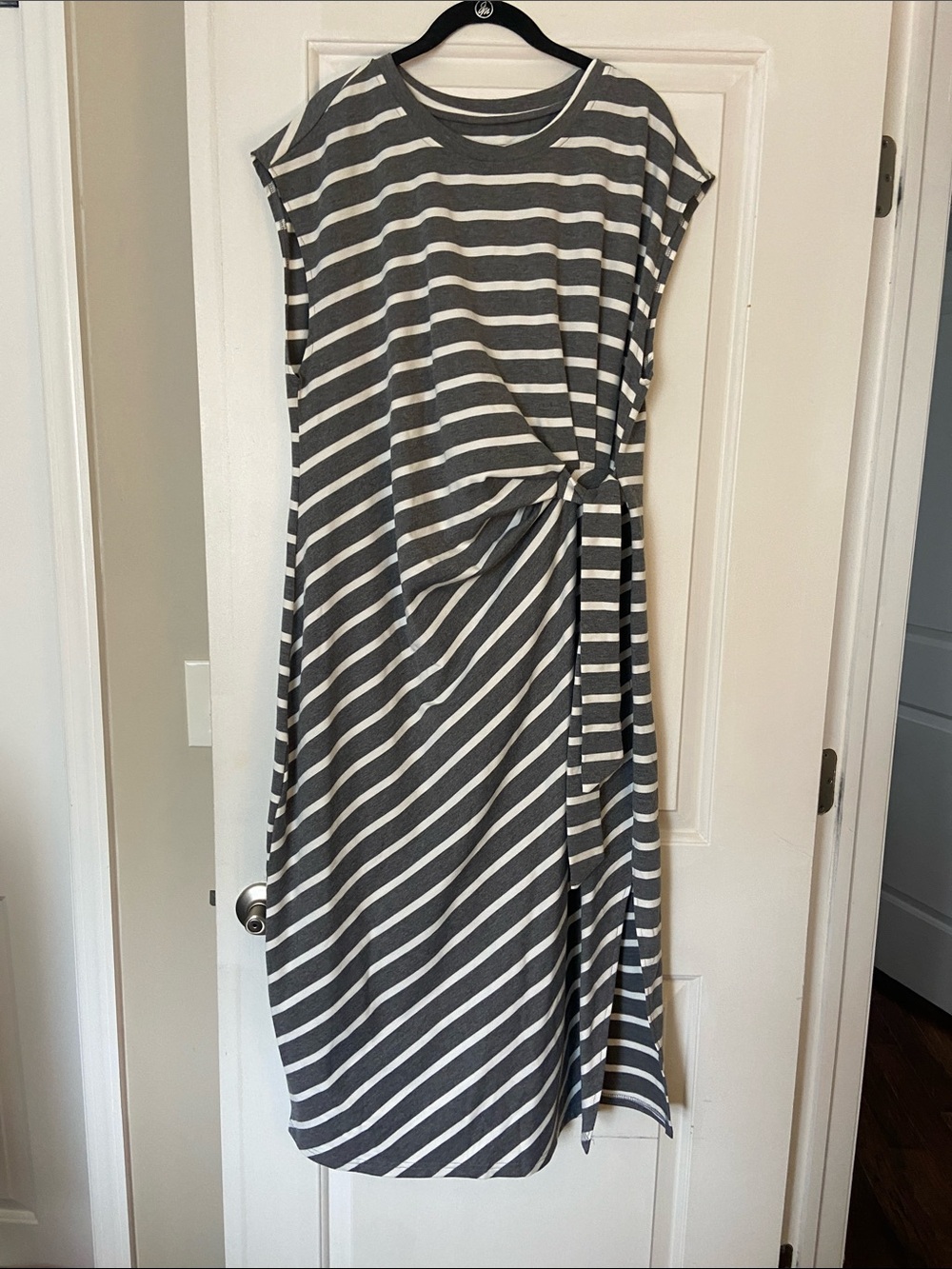Striped Gray & White Midi Dress with Side Knot